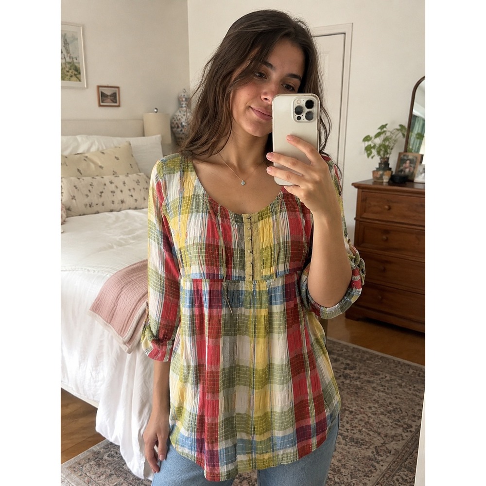 Art And Soul Size S Popover Blouse Blue Green Yellow Plaid 3/4 Sleeve Pin Tuck